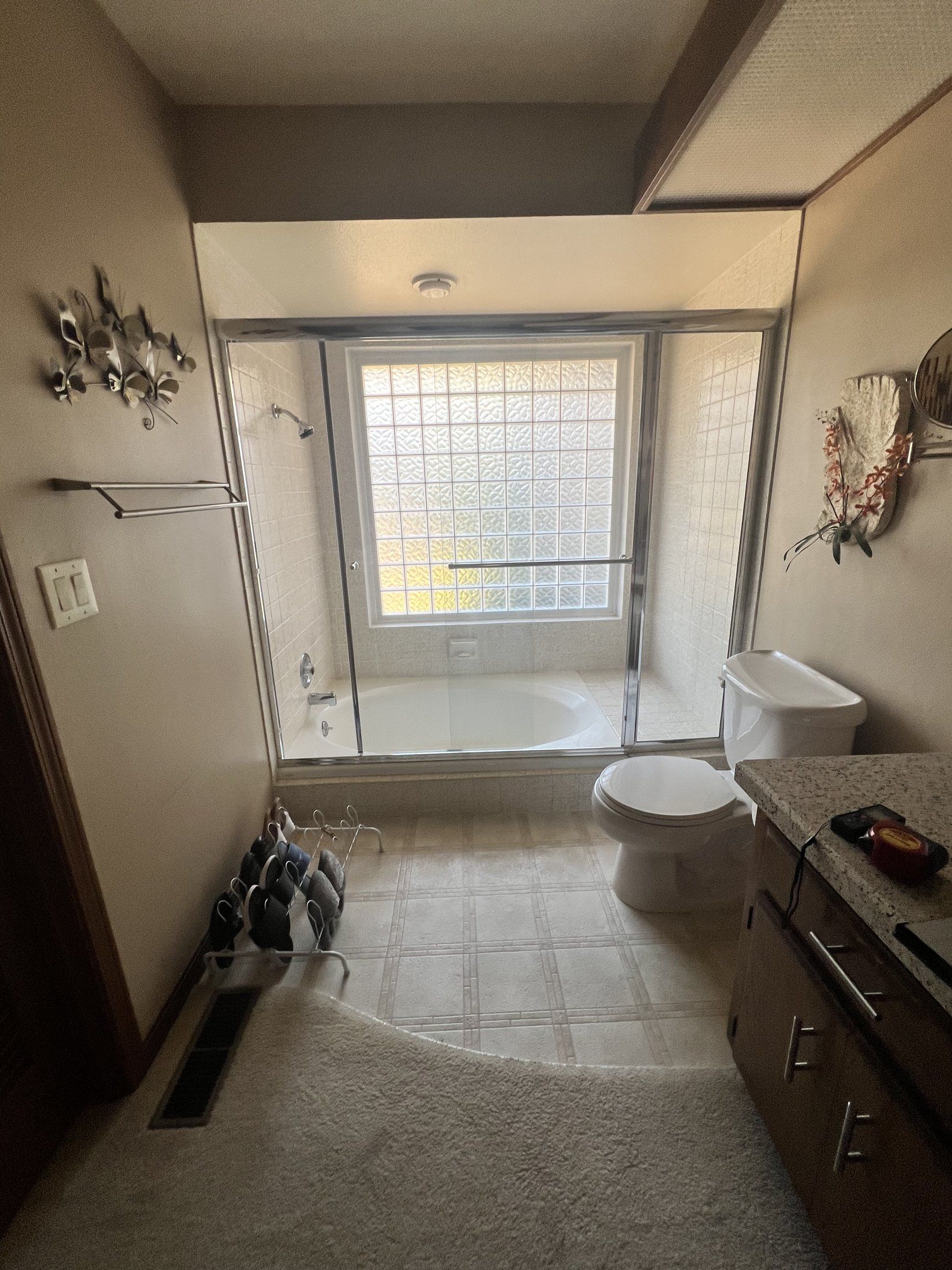 Before: long primary bathroom with carpet, a dropped beamed ceiling, and a sunken tub under a glass-block window