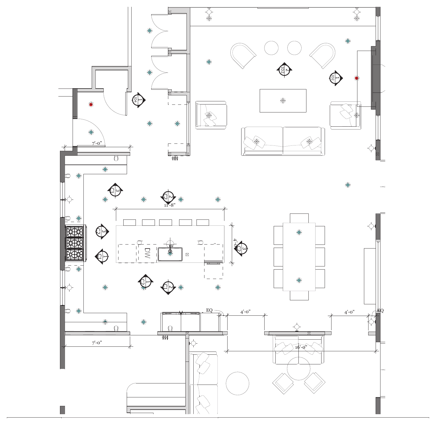 Floor plan after the remodel, showing the island and the open connection to the living and dining rooms