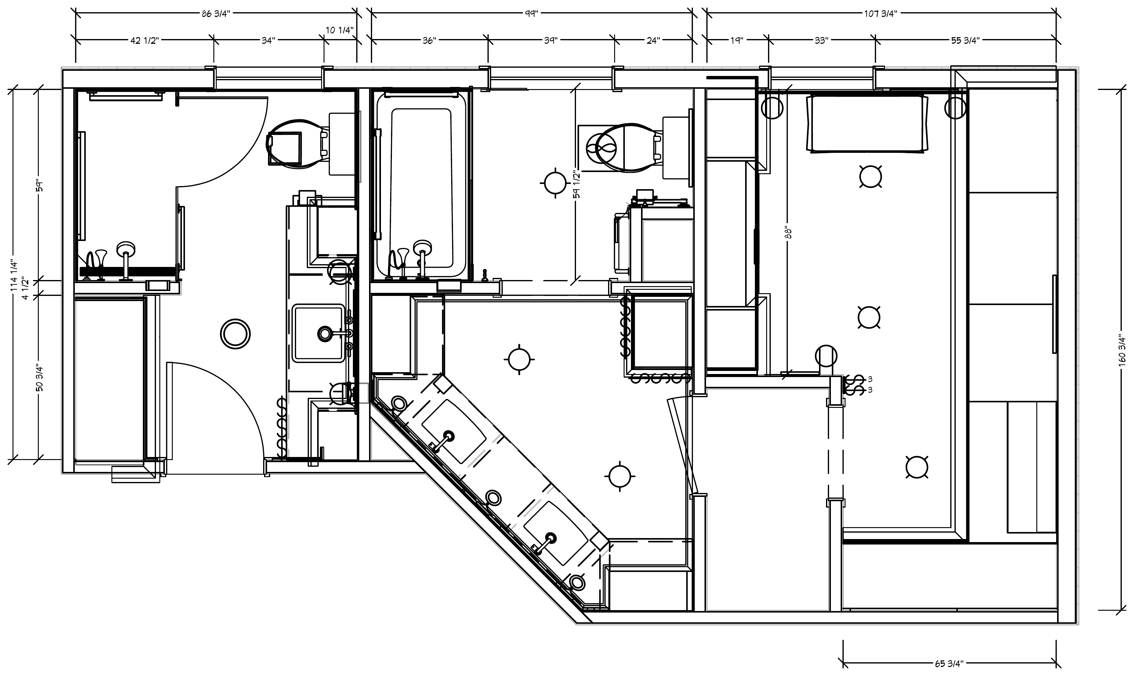 Floor plan of the primary suite showing two bathrooms and the walk-in linen closet